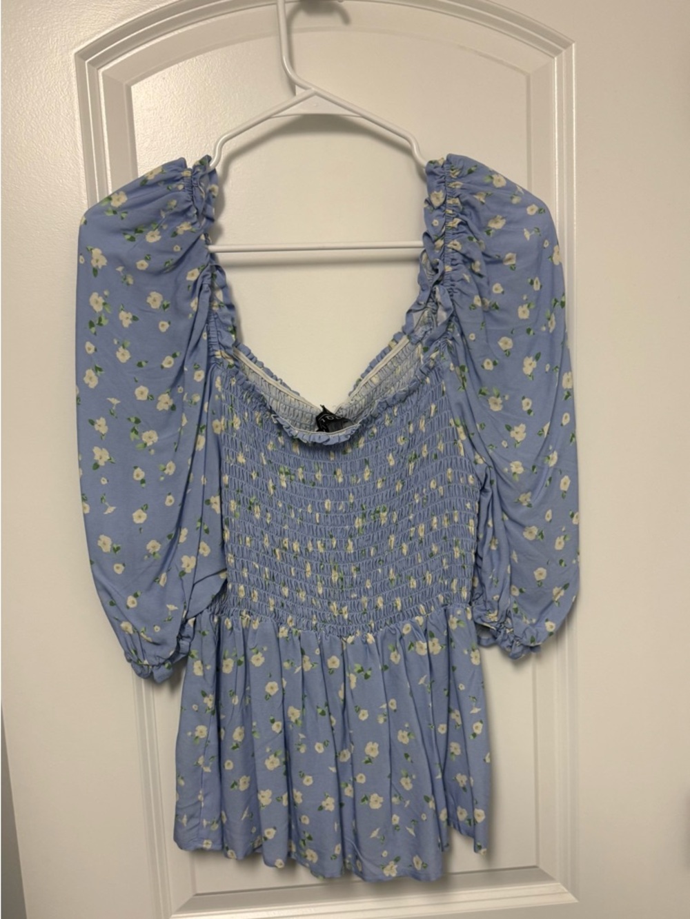 Eloquii Lavender Blue Floral Smocked Peasant Blouse